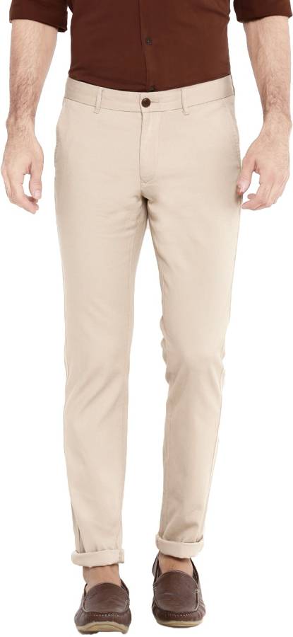 Regular Fit Men Cream Polycotton Trousers