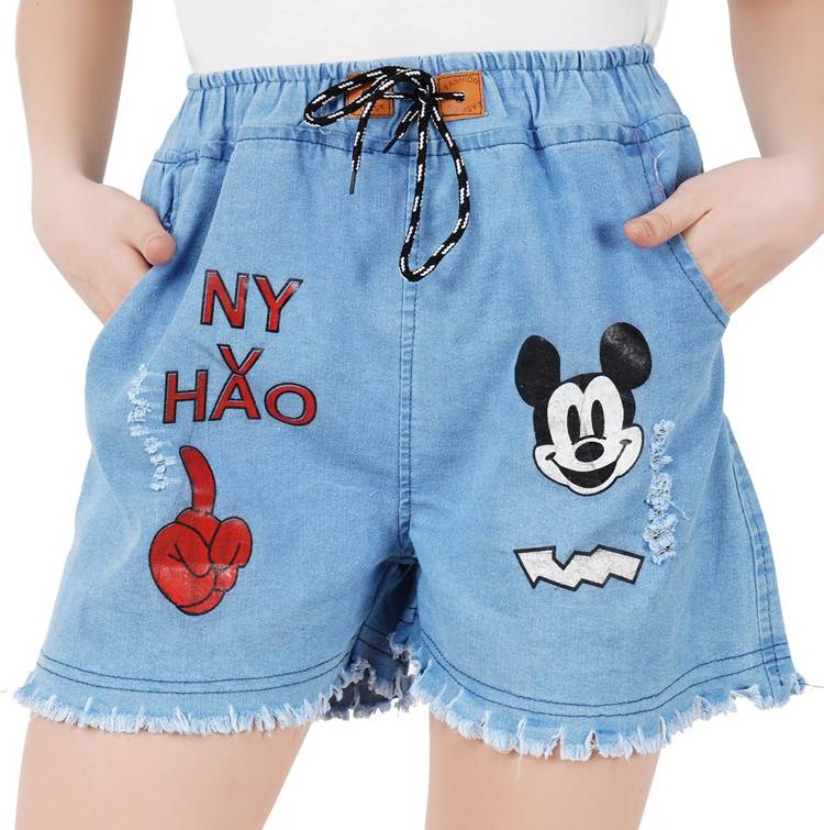 Printed Women Denim Light Blue Denim Shorts