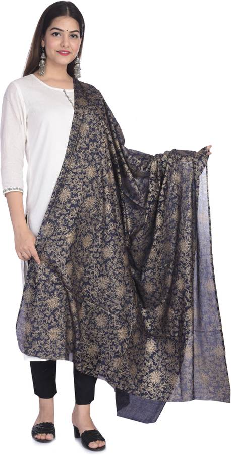 Cotton Blend Floral Print Dark Blue, Gold Women Dupatta