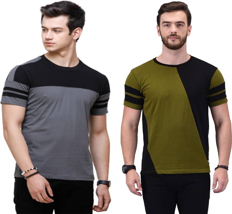 Color Block Men Round Neck Green, Black, Grey T-Shirt Price in India