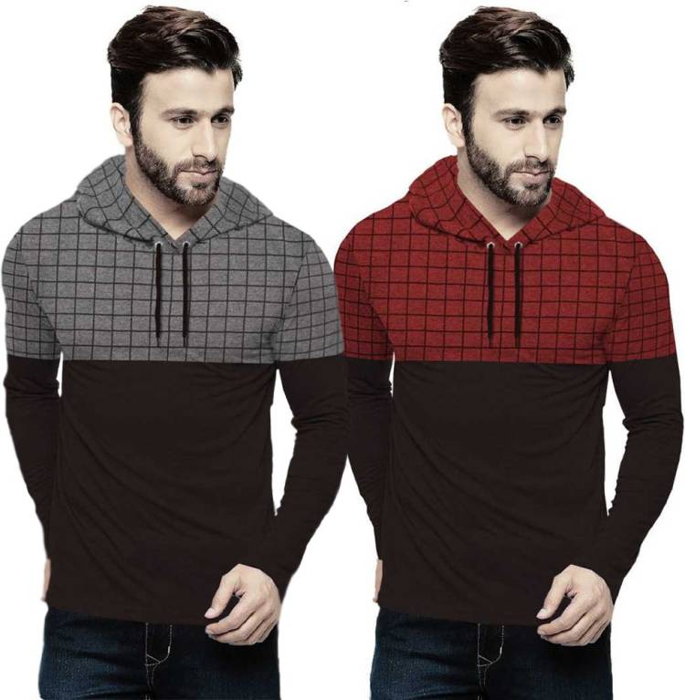 Checkered Men Hooded Neck Red, Black, Grey T-Shirt Price in India