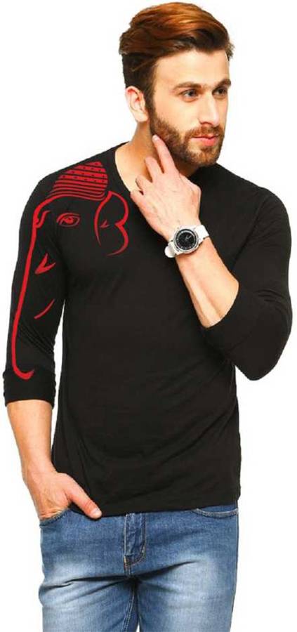 Printed Men V Neck Black T-Shirt