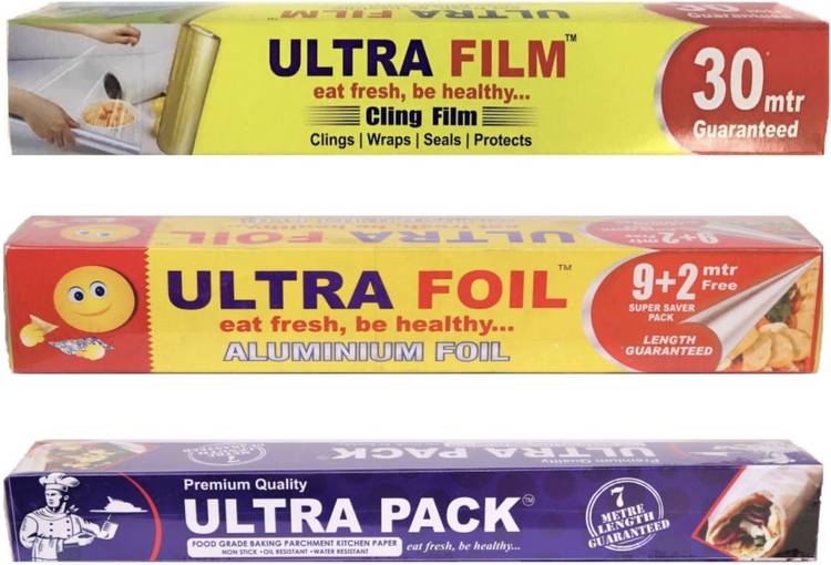 ULTRA FILM 30 Mtr Cling Film, ULTRA FOIL 11 Mtr Aluminium Foil & ULTRA PACK 7 Mtr Parchment Paper Combo Pack Shrinkwrap