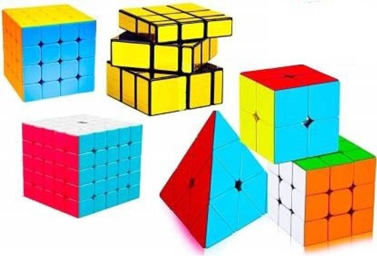 Authfort Exclusive 6 piece Stickerless Cube Combo Deal of 2x2, 3x3, 4x4, 5x5, Triangle Pyramid & God magic Mirror Speed cube Toy for Kids and Adults