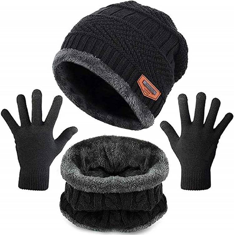 Striped, Solid Muff with fur, black woolen gloves, Woolen Bennie cap with fur Cap