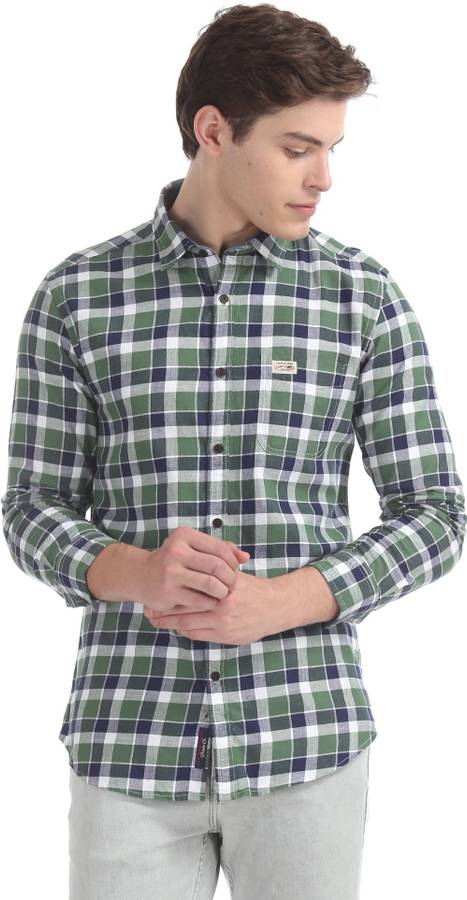 Men Checkered Slim Fit Casual Spread Collar Shirt