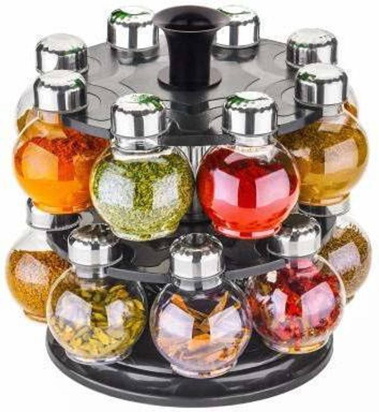 KETSAAL 360 Degree Revolving Spice Rack, Masala Rack, Spice Box, Masala Box, Masala Container (1 Stand,16 Plastic Bottles With Steel Cap) Set Spice Set