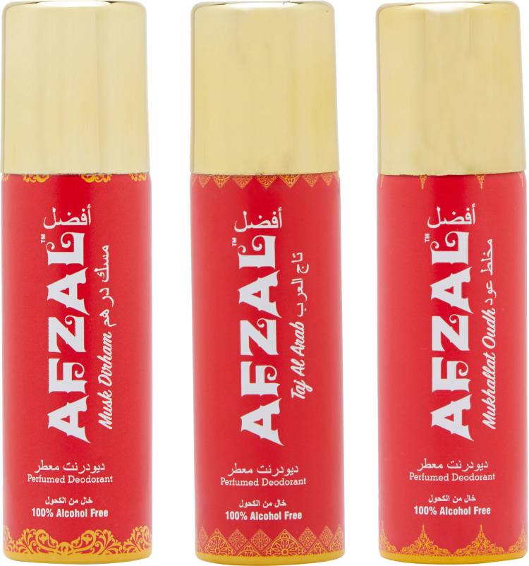 AFZAL Non Alcoholic Taj Al Arab, Mukhallat Oudh & Musk Dirham Combo Deodorants (Pack of 3 x 50ml) Deodorant Spray  -  For Men & Women