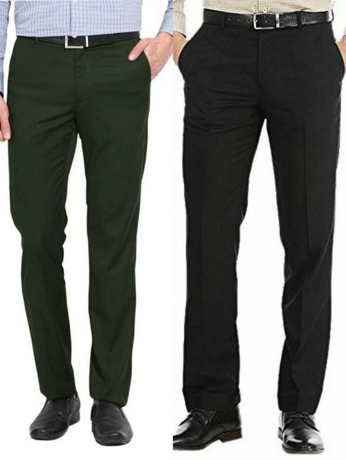 Regular Fit Men Green, Black Polycotton Trousers