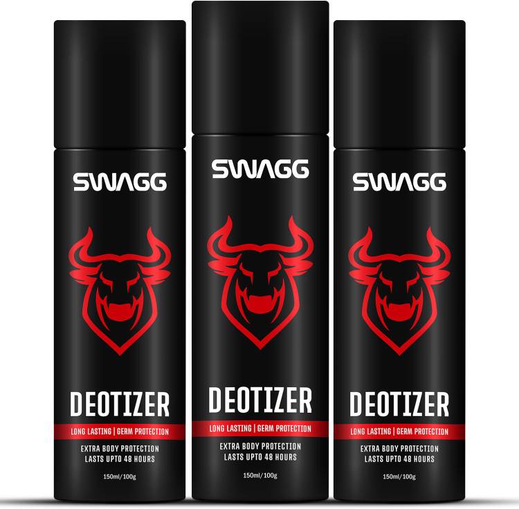 SWAGG Deotizer (Deodrant & Sanitizer), all day fresh Body Spray, long lasting deodorant for men and women, fragrance - Aqua perfume - 450ml (150ml x 3) Body Spray  -  For Men & Women