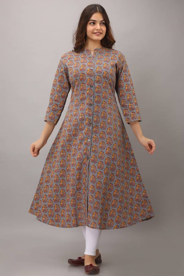 Women Floral Print Cotton Chambray Blend A-line Kurta