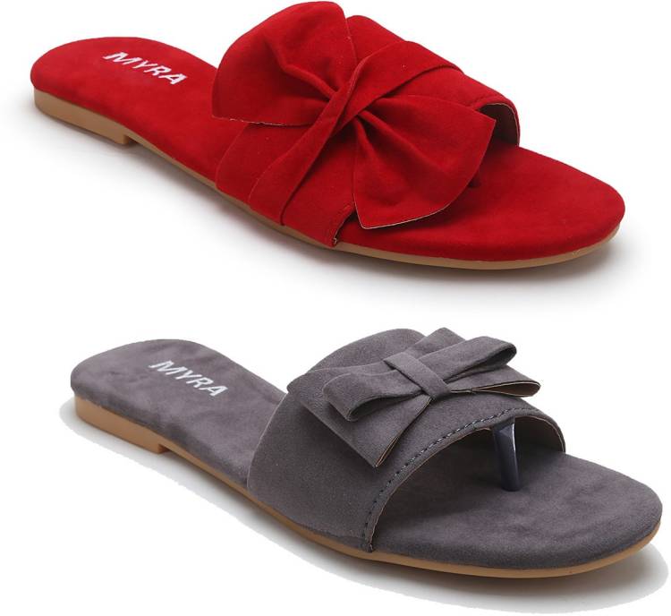 Women Red, Grey Flats Sandal Price in India