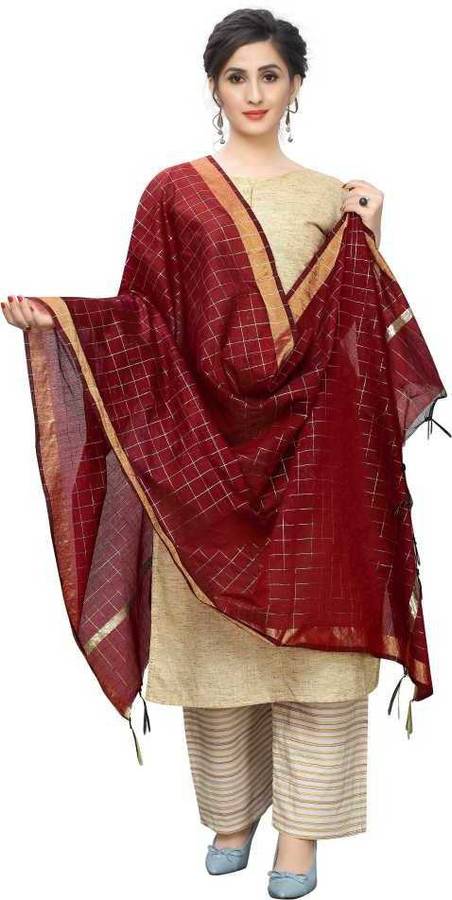 Cotton Silk Checkered Maroon Women Dupatta