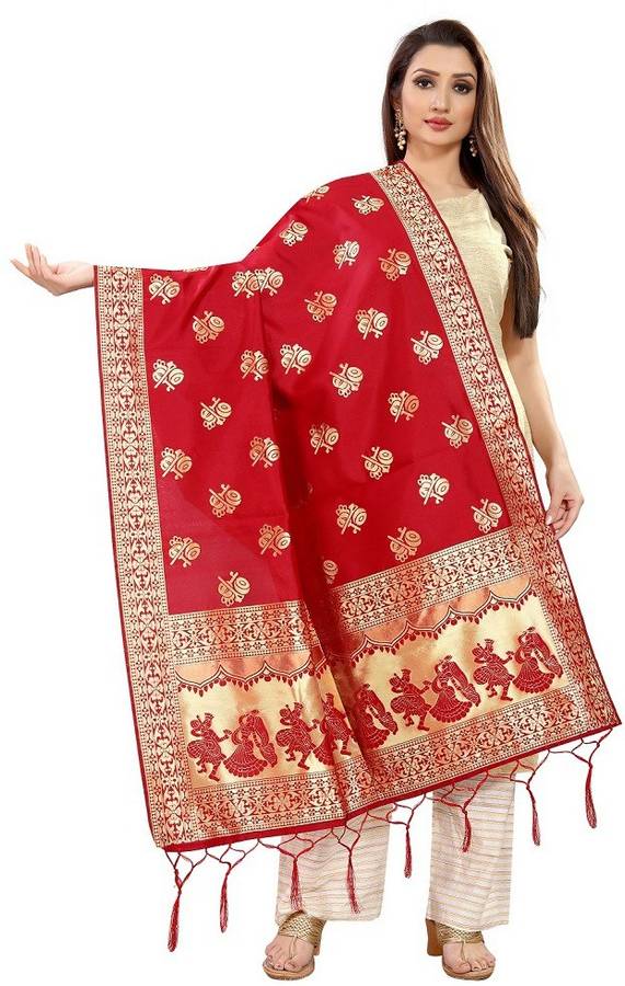 Jacquard Woven, Embellished Red Women Dupatta