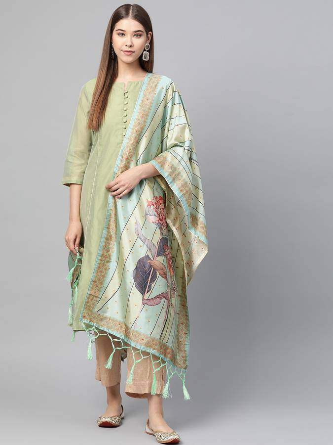 Silk Blend Printed Light Green Women Dupatta