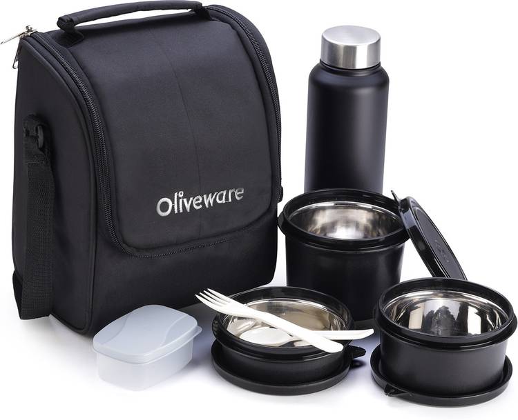 Oliveware Premium Lunch Box with Bottle - Black | 3 Stainless Steel Containers + Pickle Box & Asorted Steel Bottle | School, College & Office | Insulated Fabric Bag | Leak Proof & Microwave Safe | Full Meal & Easy to Carry 3 Containers Lunch Box