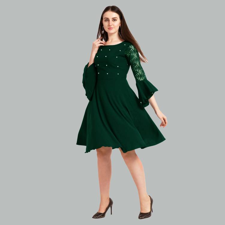 Women Fit and Flare Green Dress Price in India