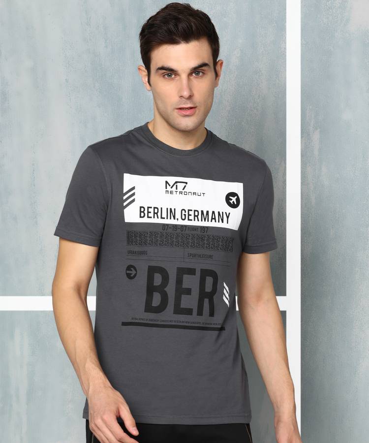 Printed Men Round Neck Grey T-Shirt