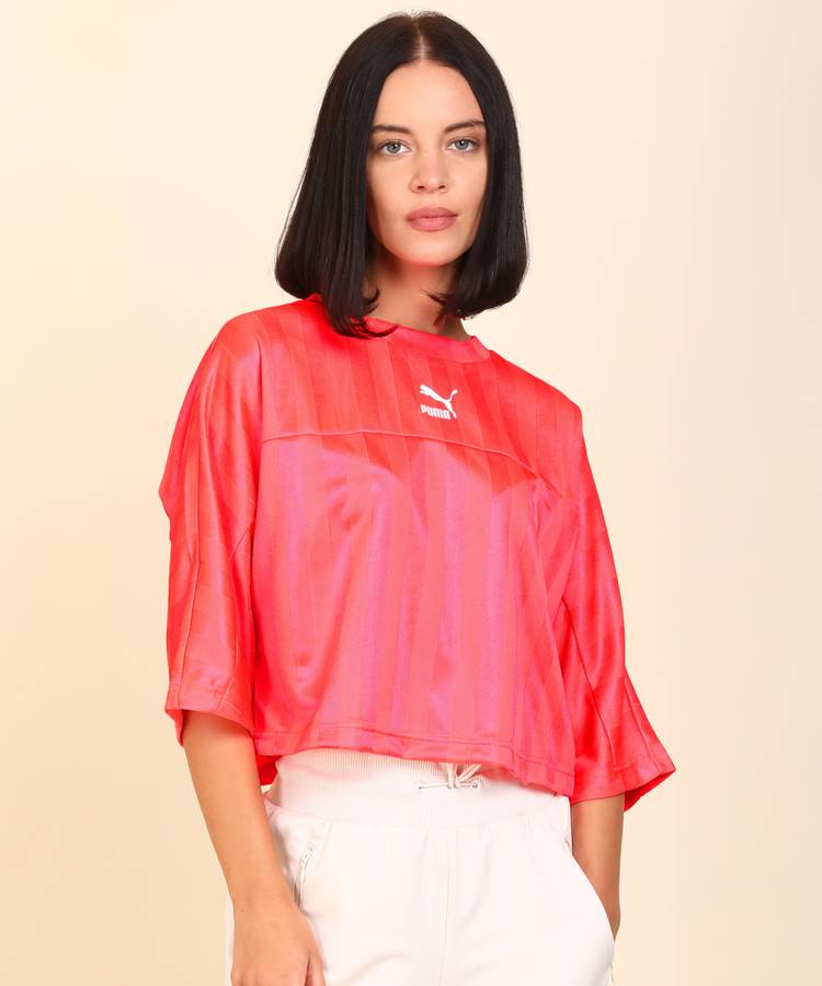 Striped Women Round Neck Pink T-Shirt