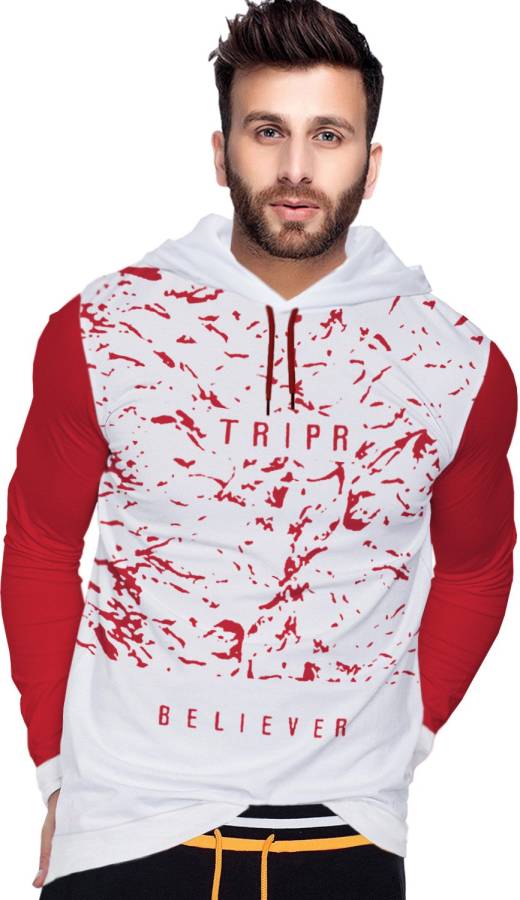 Printed Men Hooded Neck White, Red T-Shirt