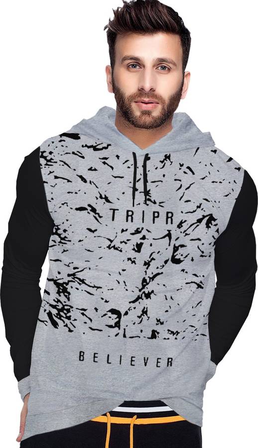 Printed Men Hooded Neck Grey, Black T-Shirt