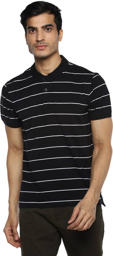 Striped Men Collared Neck Black T-Shirt