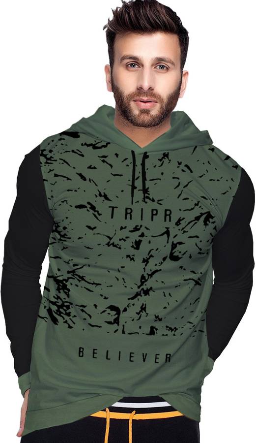 Printed Men Hooded Neck Dark Green, Black T-Shirt