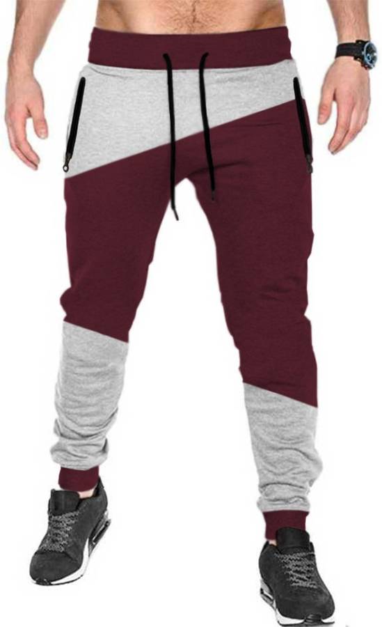 Color Block Men Maroon, Grey Track Pants