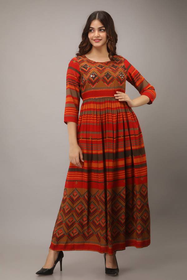 Women Printed Rayon Anarkali Kurta Price in India