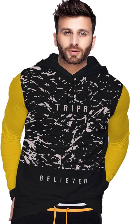 Printed Men Hooded Neck Black, Yellow T-Shirt