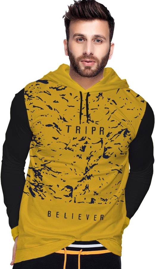 Printed Men Hooded Neck Yellow, Black T-Shirt