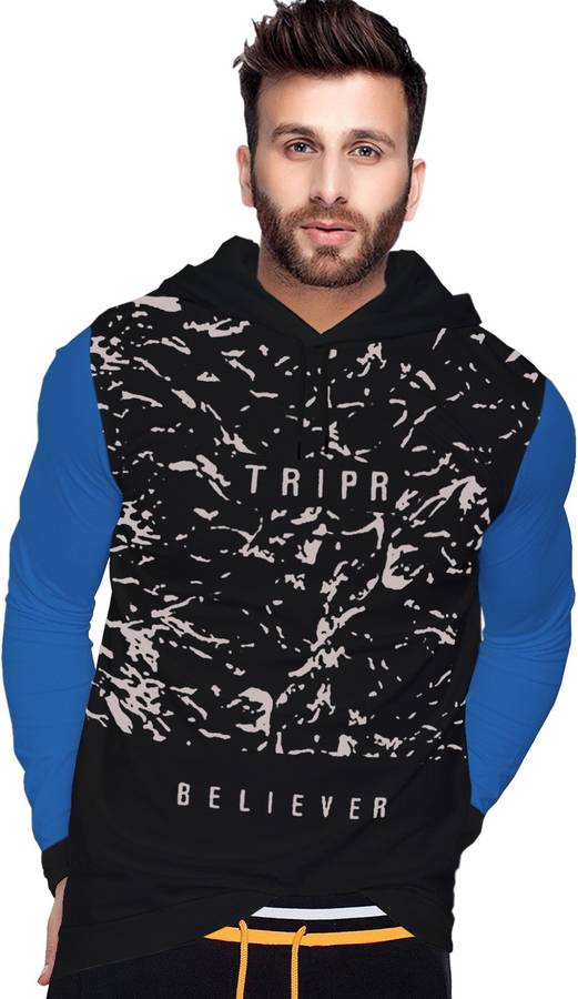 Printed Men Hooded Neck Black, Light Blue T-Shirt