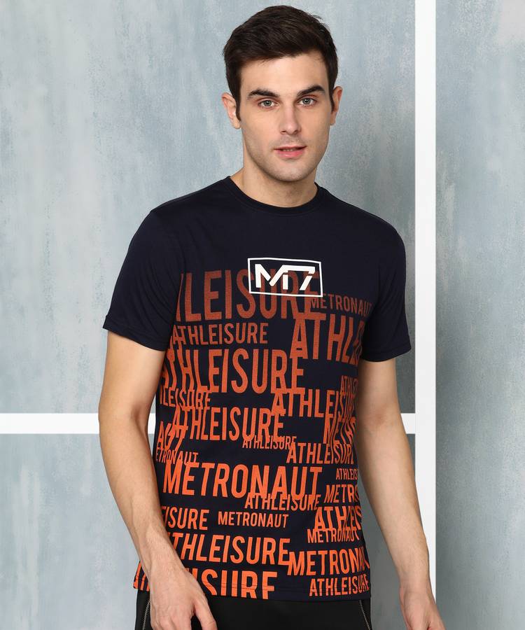 Typography Men Round Neck Dark Blue T-Shirt