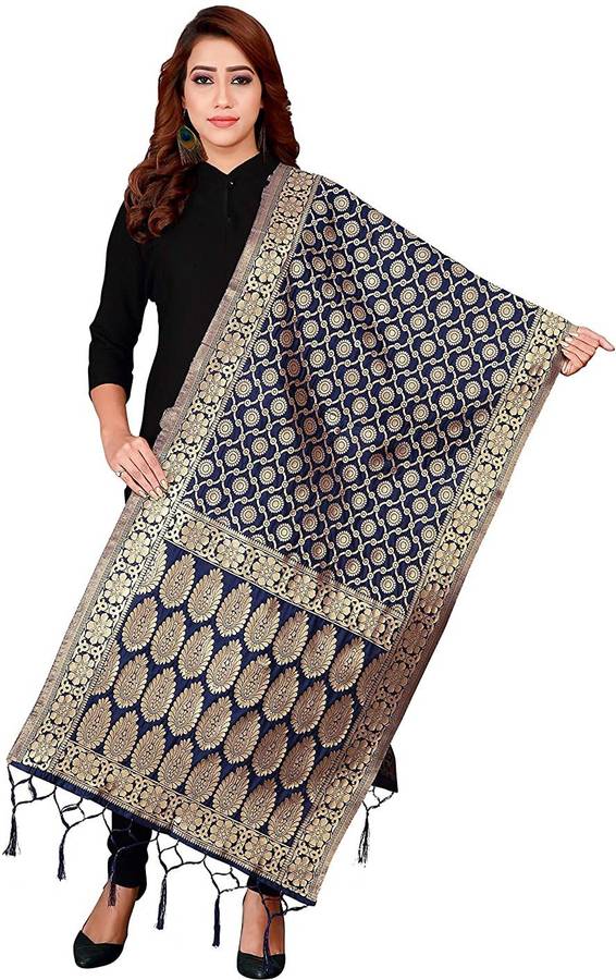 Silk Blend Self Design Blue Women Dupatta