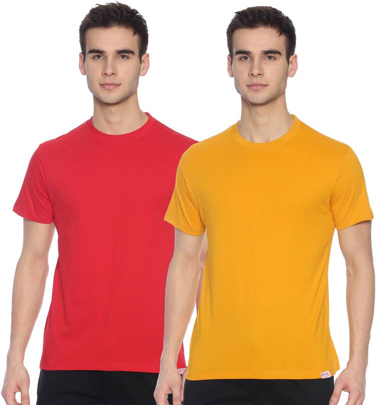 Solid Men Round Neck Red, Yellow T-Shirt