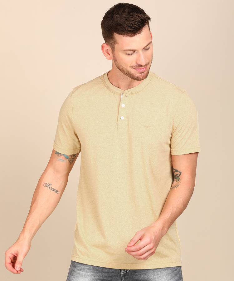 Solid Men Henley Neck Beige T-Shirt