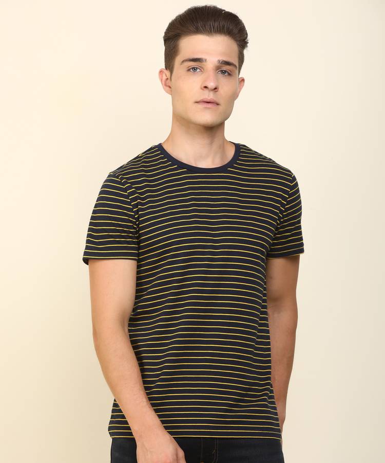 Striped Men Round Neck Yellow, Dark Blue T-Shirt