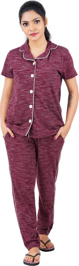 Women Solid Maroon Night Suit Set
