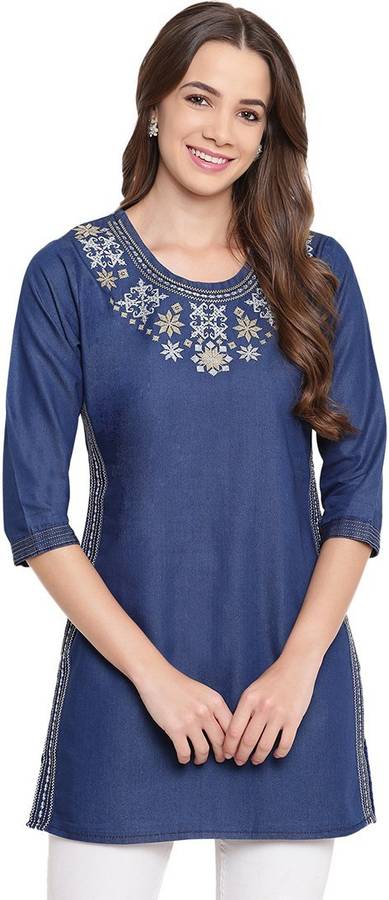 Women Embroidered Denim Straight Kurta