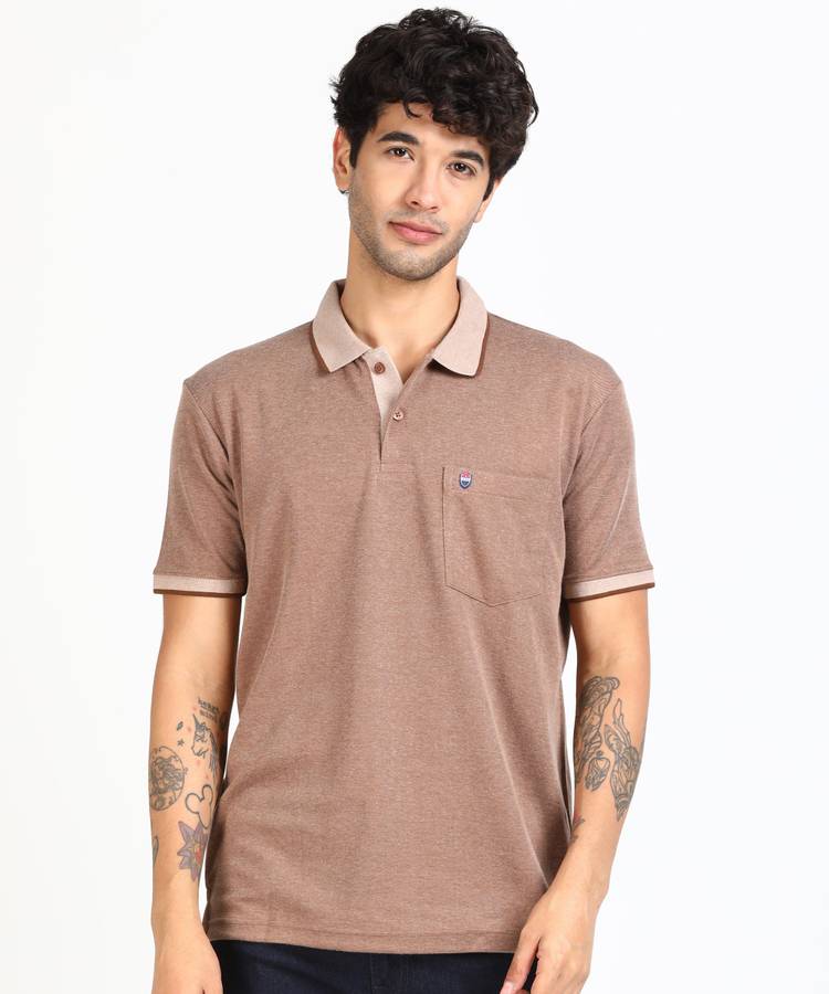 Self Design Men Polo Neck Brown T-Shirt