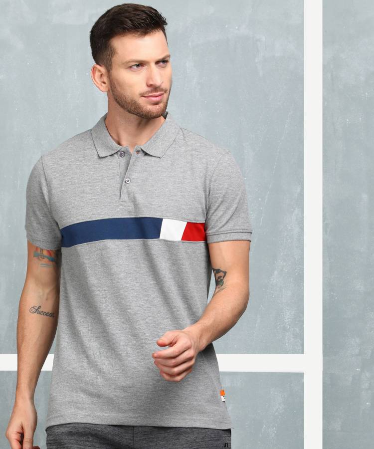 Solid Men Polo Neck Grey T-Shirt Price in India