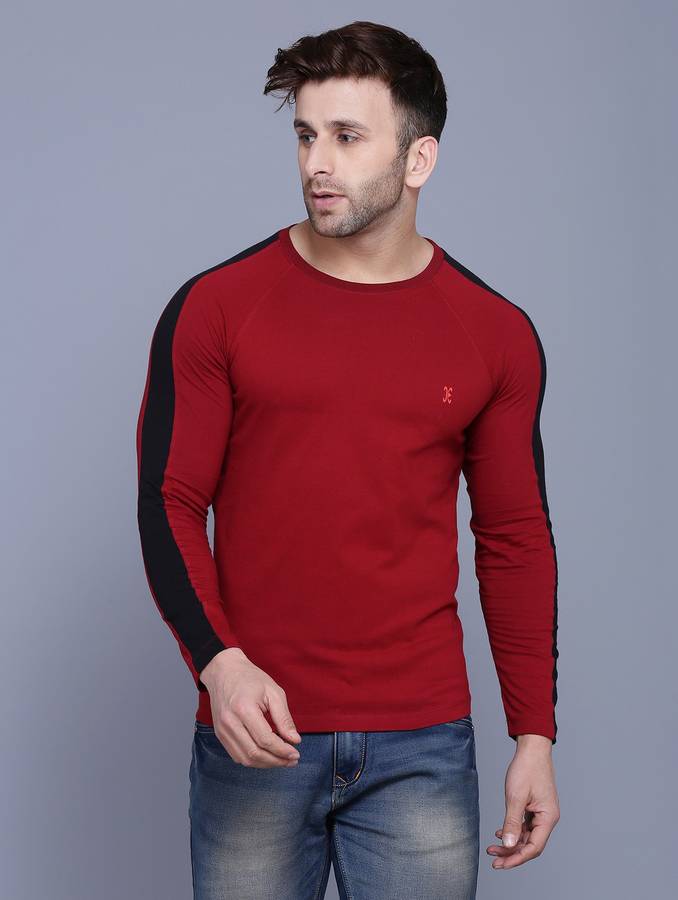 Solid Men Round Neck Maroon, Black T-Shirt