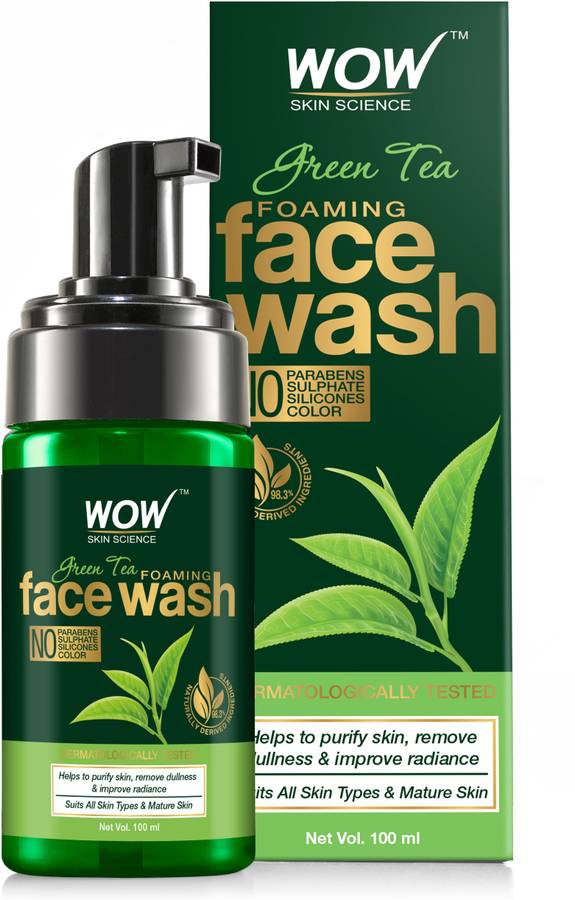 WOW Skin Science Green Tea Foaming  - With Green Tea & Aloe Vera Extract - For Purifying Skin, Improving Radiance - No Parabens, Sulphate, Silicones & Color - 100 ml Face Wash