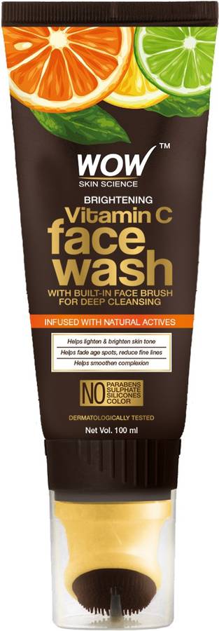 WOW SKIN SCIENCE Brightening Vitamin C Foaming GEL with Built-In Face Brush for Deep Cleansing - No Parabens, Sulphate, Silicones & Color, 100 ml Tube Face Wash
