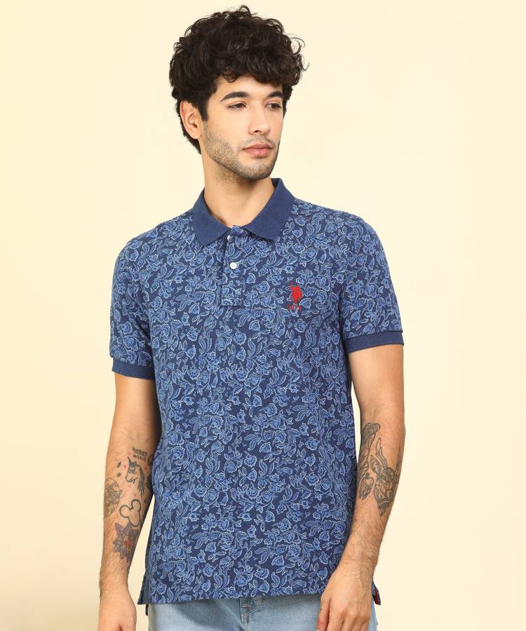 Floral Print Men Polo Neck Multicolor T-Shirt