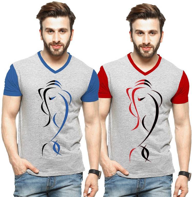 Printed Men V Neck Multicolor T-Shirt