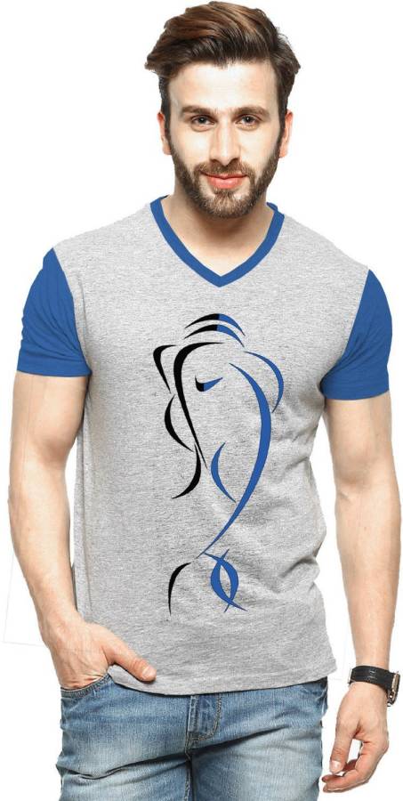 Solid Men V Neck Blue, Grey T-Shirt Price in India
