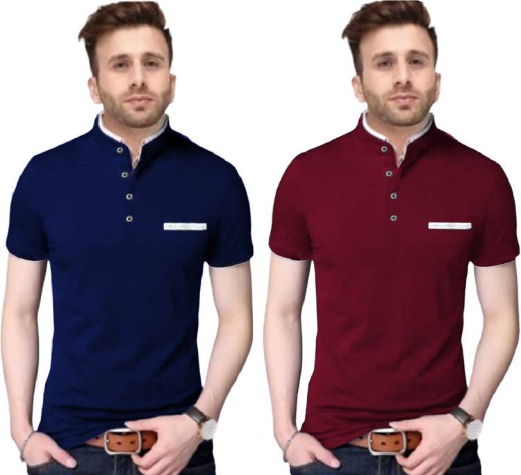Solid Men Mandarin Collar Blue, Maroon T-Shirt