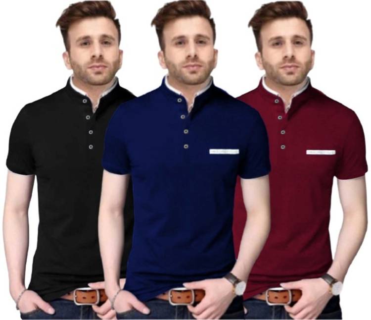 Solid Men Mandarin Collar Blue, Maroon, Black T-Shirt