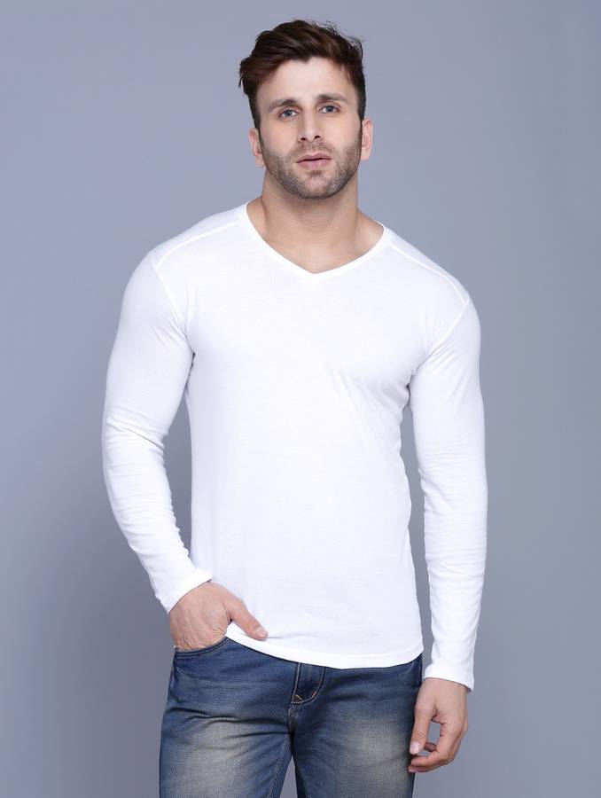 Solid Men V Neck White T-Shirt